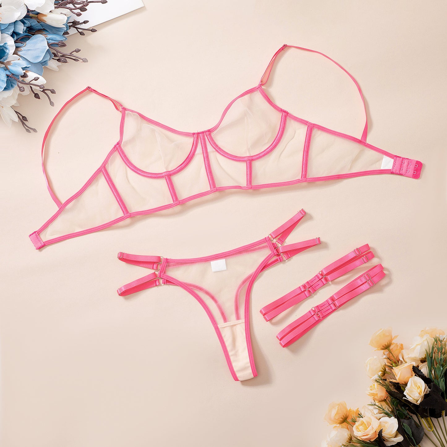 Lace Mesh Lingerie Set — Rose & Emerald Edition