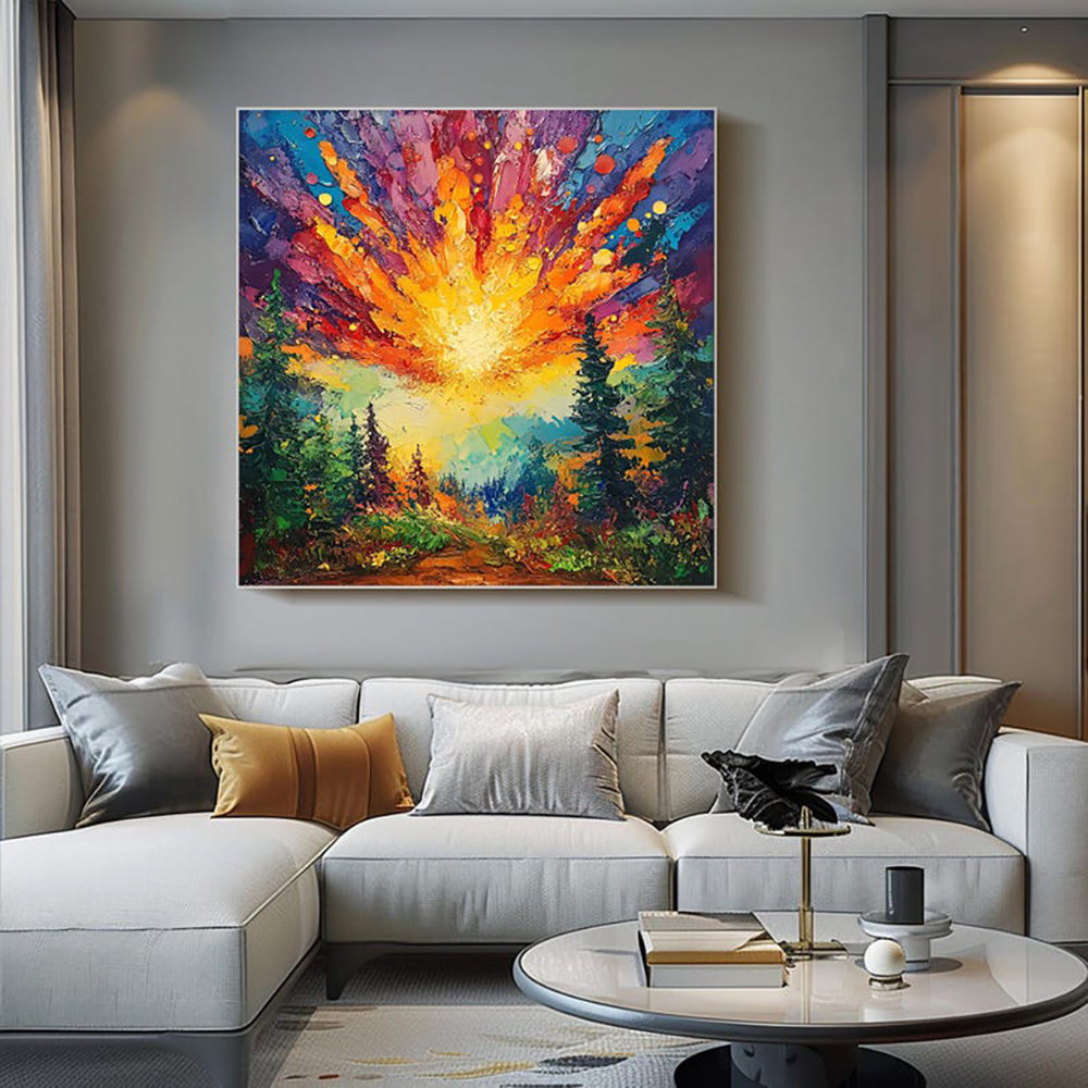 Zonsopgang in het Woud — Handgeschilderd Canvas | Velvet Crown