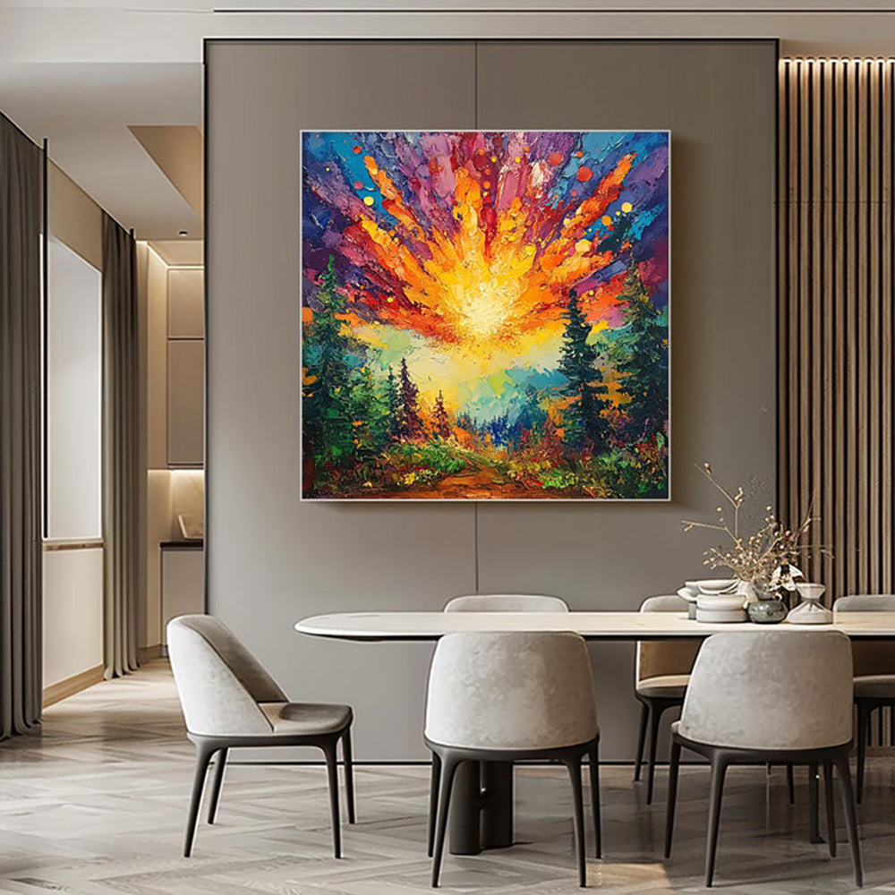 Zonsopgang in het Woud — Handgeschilderd Canvas | Velvet Crown