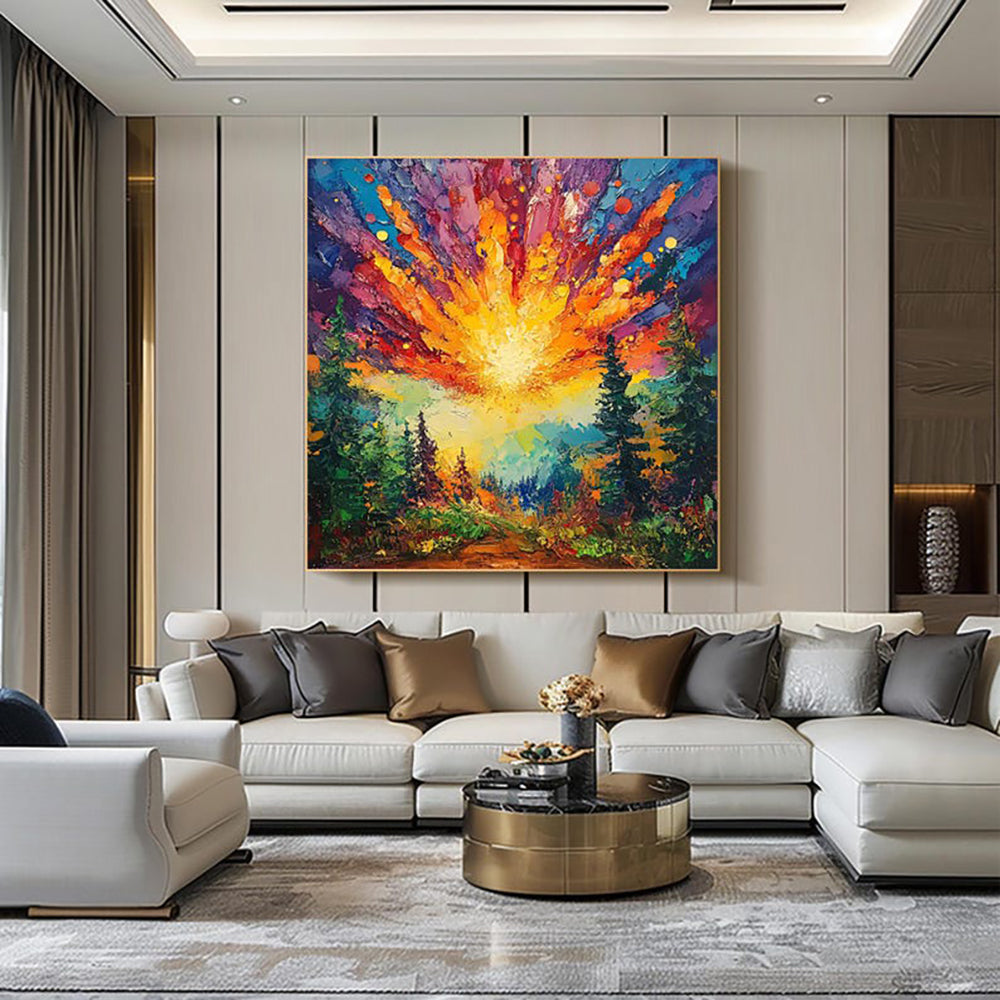 Zonsopgang in het Woud — Handgeschilderd Canvas | Velvet Crown