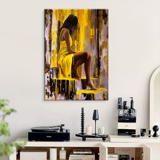 Meisje in Gele Jurk — Handgeschilderd Canvas | Velvet Crown