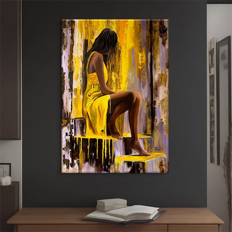 Meisje in Gele Jurk — Handgeschilderd Canvas | Velvet Crown