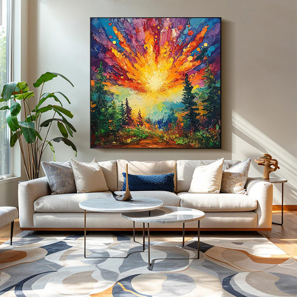 Zonsopgang in het Woud — Handgeschilderd Canvas | Velvet Crown