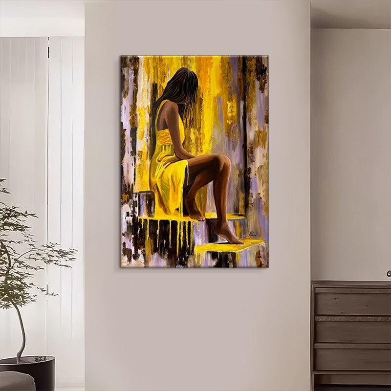Meisje in Gele Jurk — Handgeschilderd Canvas | Velvet Crown