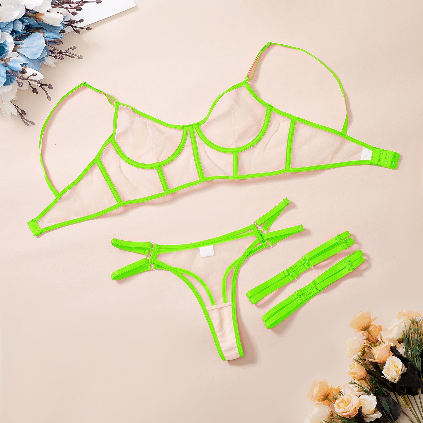Lace Mesh Lingerie Set — Rose & Emerald Edition