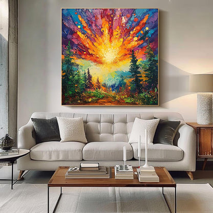 Zonsopgang in het Woud — Handgeschilderd Canvas | Velvet Crown