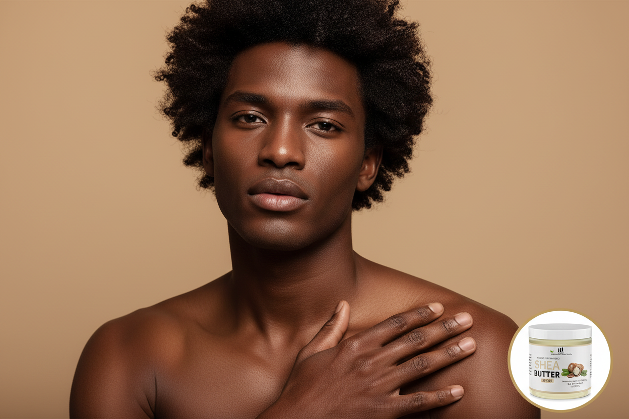 Man met stralende huid gebruikt Tunmate Shea Butter — Velvet Crown