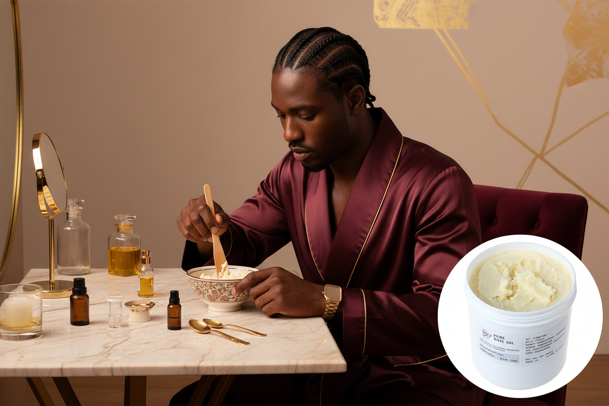 Man met cornrows mixt zelf shea butter crème aan kaptafel — Velvet Crown