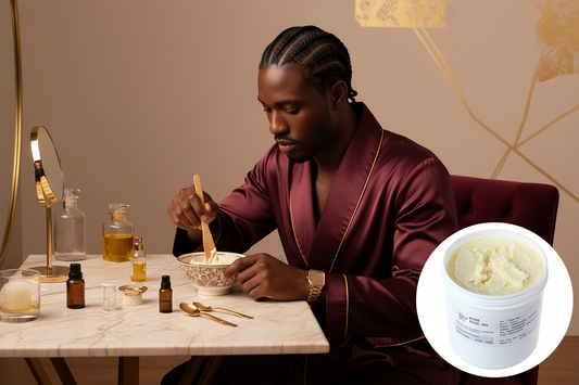 Man met cornrows mixt zelf shea butter crème aan kaptafel — Velvet Crown