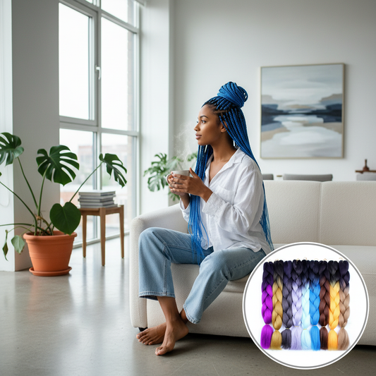 Kanekelon productfoto met blauwe vlechten